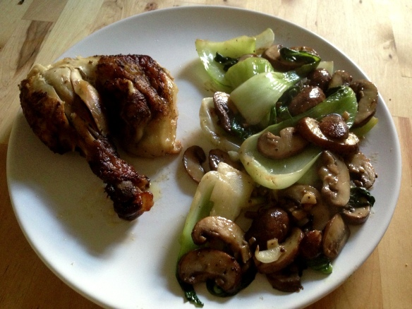 Got over my fears of bok choy and sauteed it up with mushrooms, ginger and garlic in olive oil and butter. Add a roasted chicken thigh for some protein, and you've got a very comforting, filling meal!